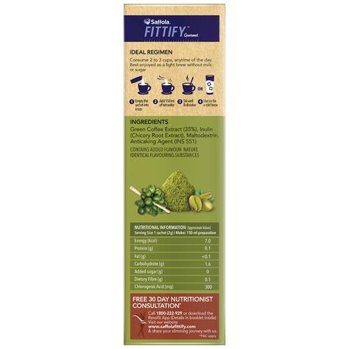 Saffola FITTIFY Gourmet Classic Strong Green Coffee Instant Beverage Mix, 15 Sachets Box-8.webp